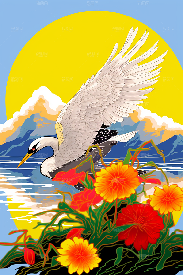 浮世绘丹顶鹤高清国画插画