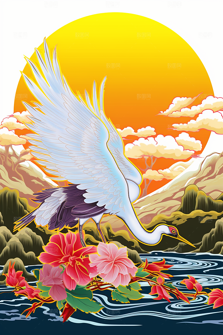 浮世绘丹顶鹤高清新中式插画