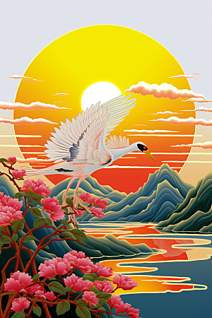 浮世绘丹顶鹤传统纹样工笔画插画