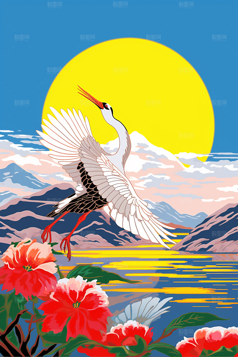 浮世绘丹顶鹤吉祥图案中国风插画