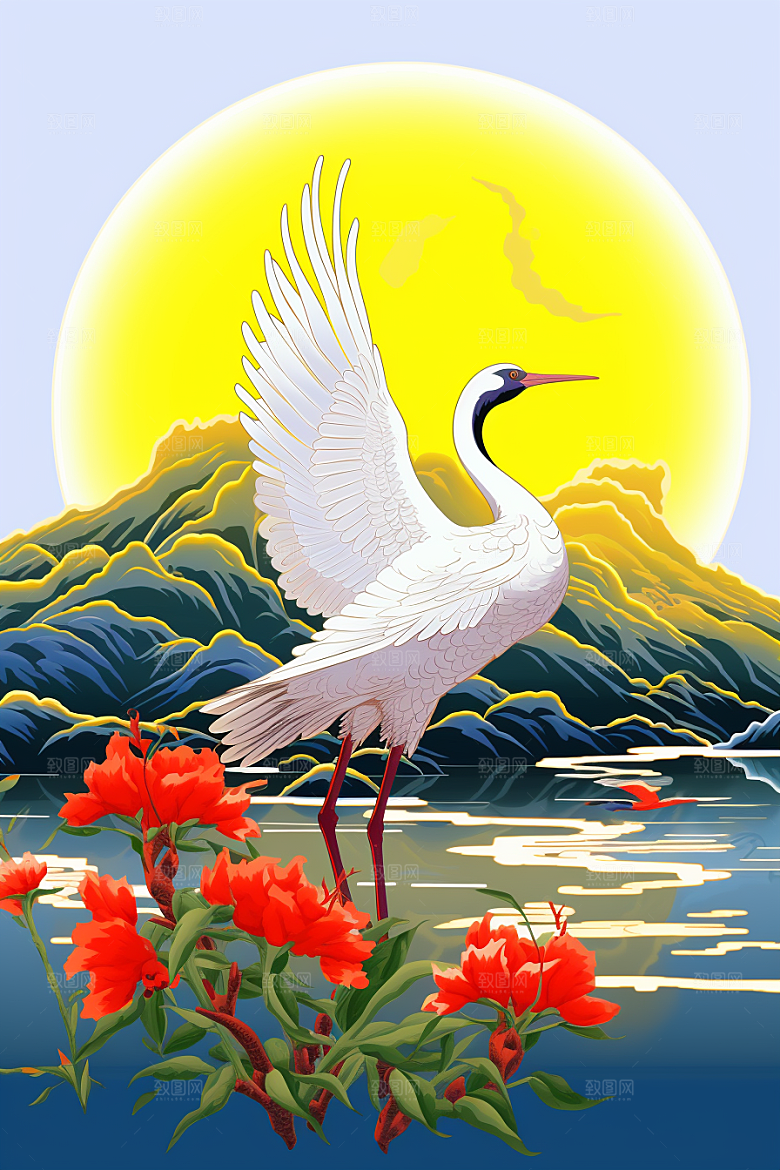 浮世绘丹顶鹤国画工笔画插画