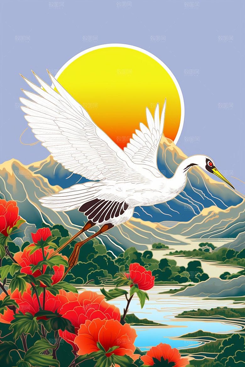 浮世绘丹顶鹤传统纹样山水插画