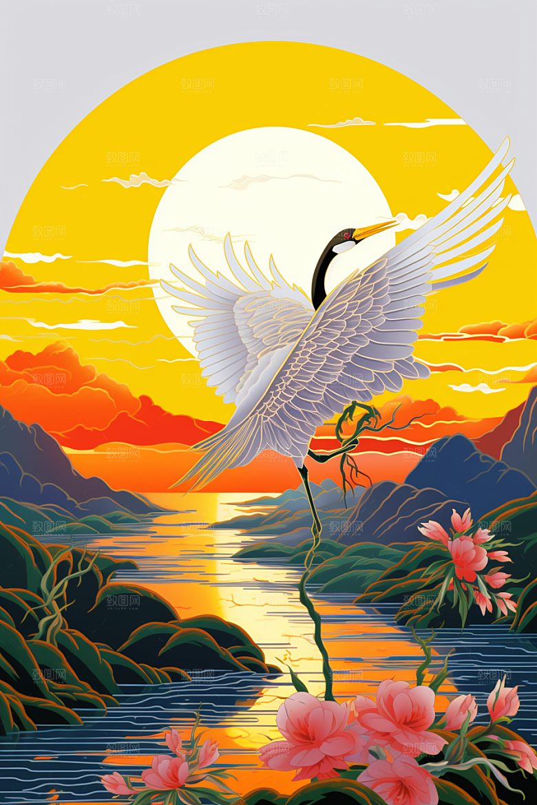 浮世绘丹顶鹤山水工笔画插画