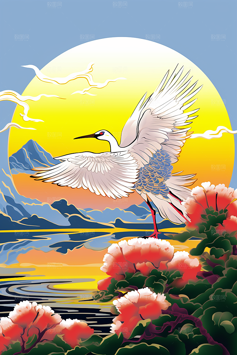 浮世绘丹顶鹤中国风工笔画插画