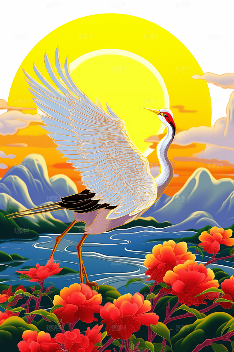 浮世绘丹顶鹤吉祥图案中国风插画