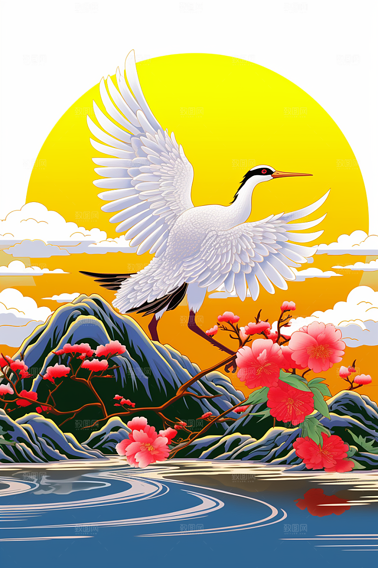 浮世绘丹顶鹤传统纹样国画插画