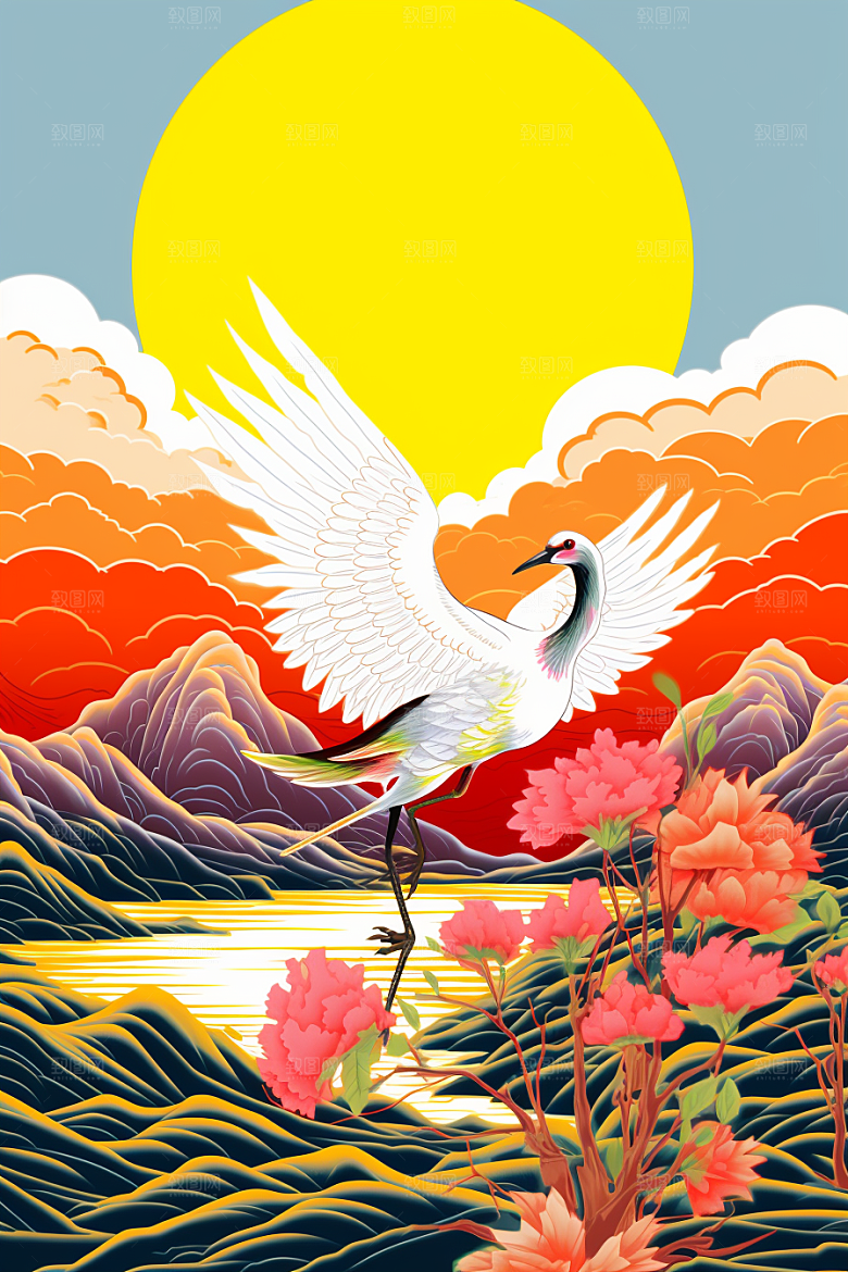 浮世绘丹顶鹤国画新中式插画