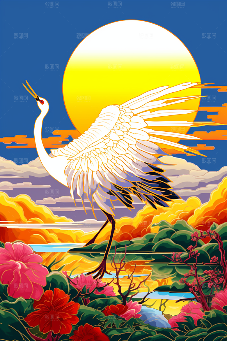 浮世绘丹顶鹤国画高清插画