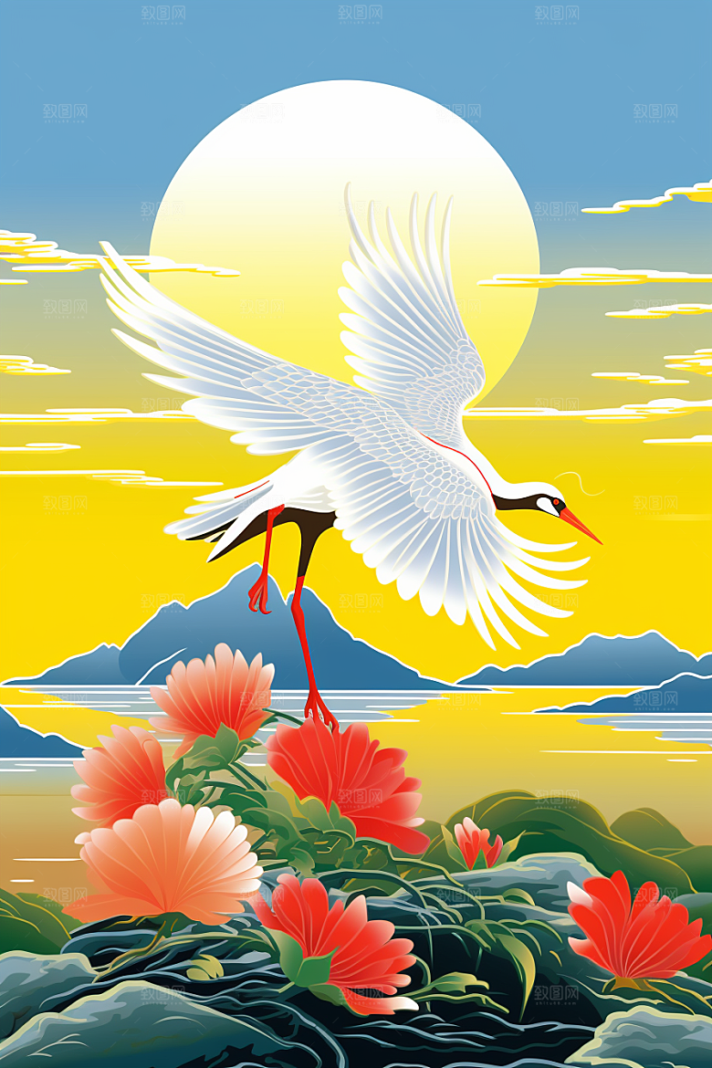 浮世绘丹顶鹤国画新中式插画