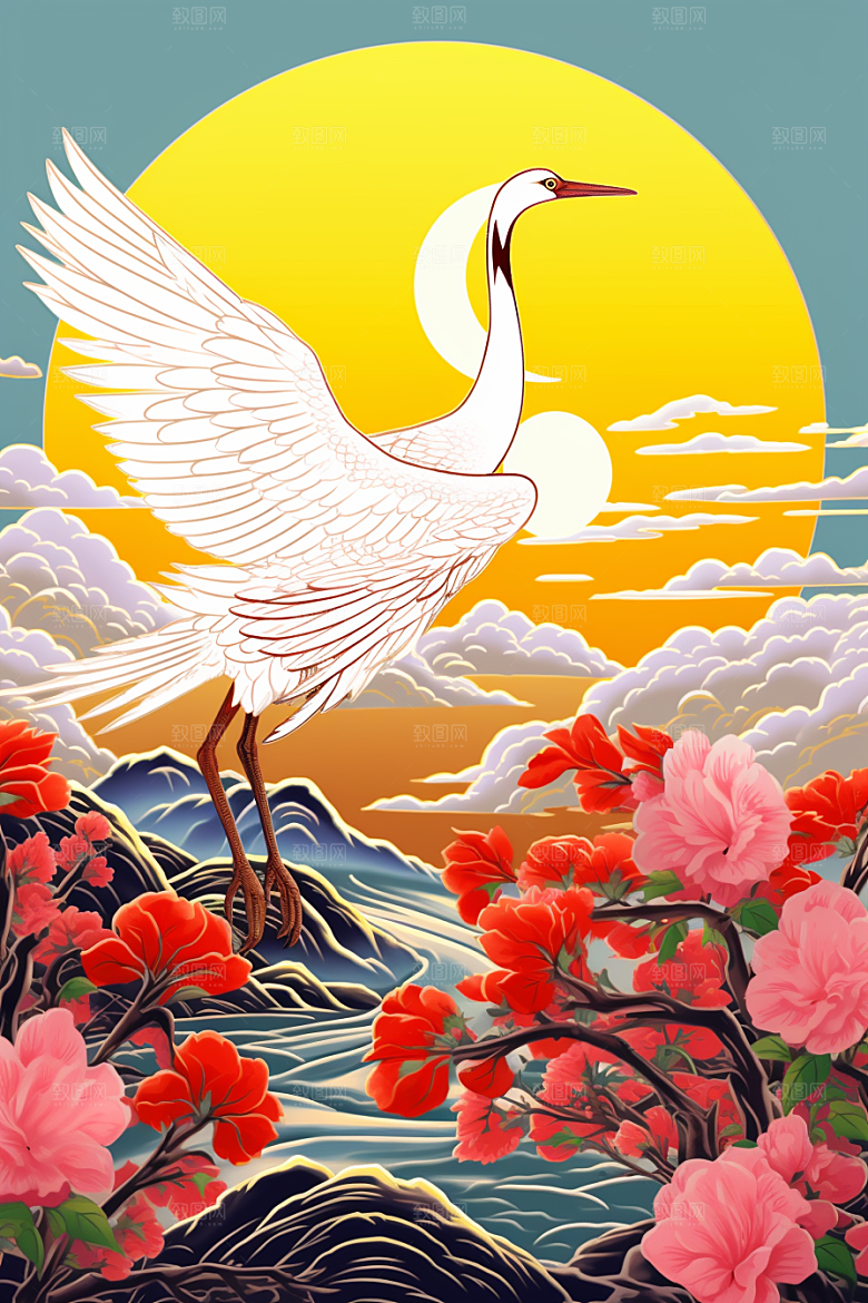 浮世绘丹顶鹤工笔画新中式插画