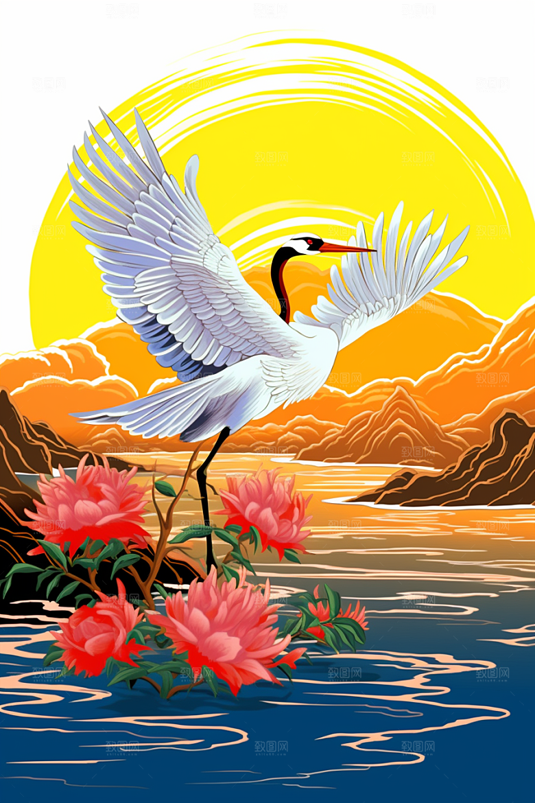 浮世绘丹顶鹤新中式国画插画