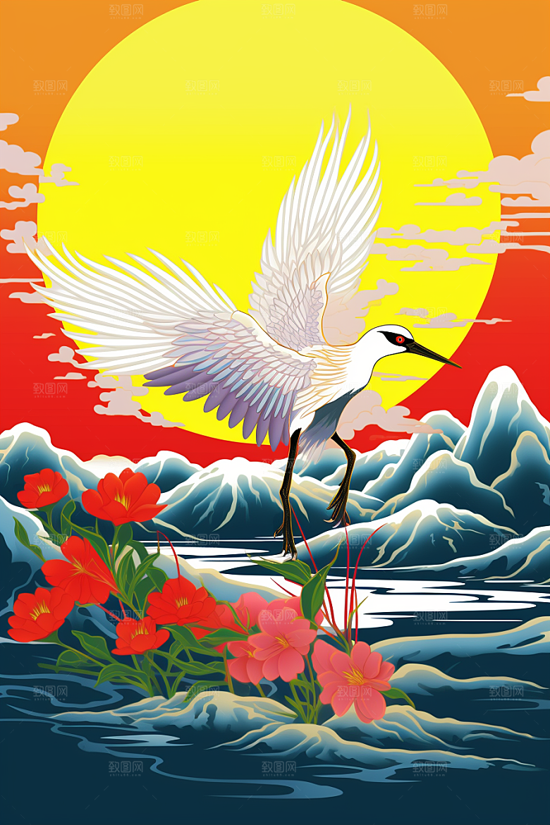 浮世绘丹顶鹤工笔画山水插画