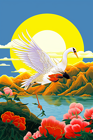 浮世绘丹顶鹤山水传统纹样插画