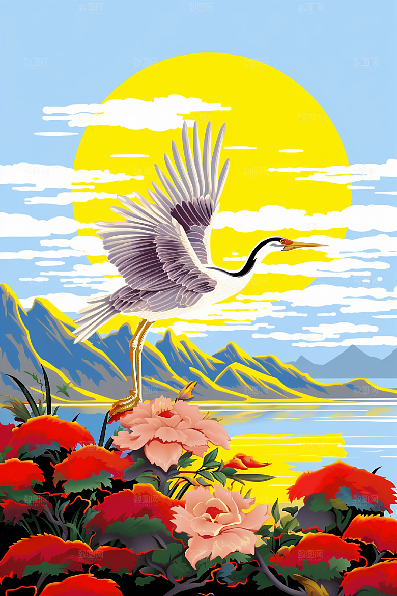 浮世绘丹顶鹤新中式国画插画