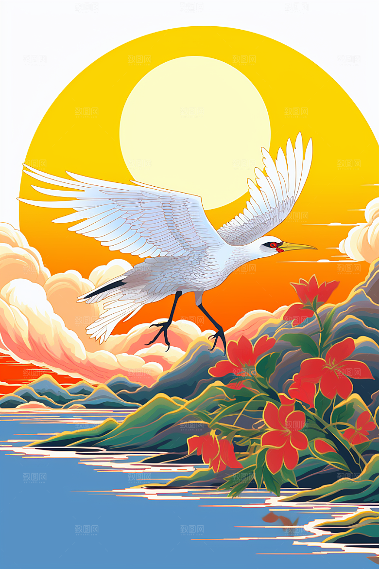 浮世绘丹顶鹤山水吉祥图案插画
