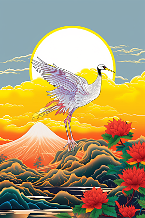 浮世绘丹顶鹤新中式传统纹样插画