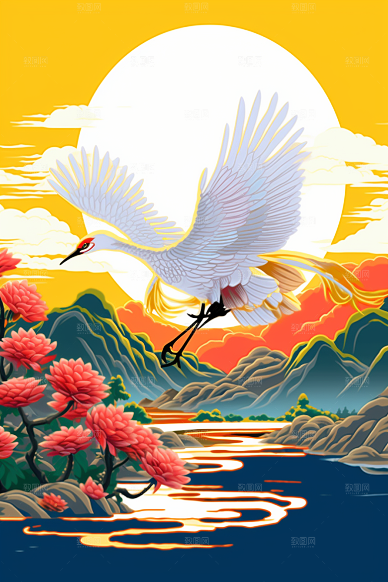 浮世绘丹顶鹤山水传统纹样插画
