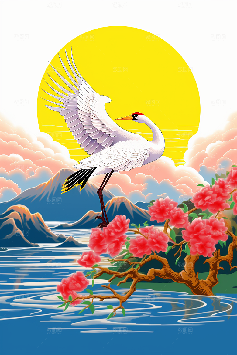 浮世绘丹顶鹤高清吉祥图案插画