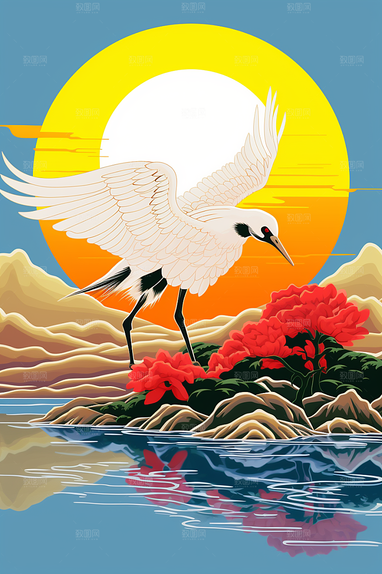 浮世绘丹顶鹤高清山水插画