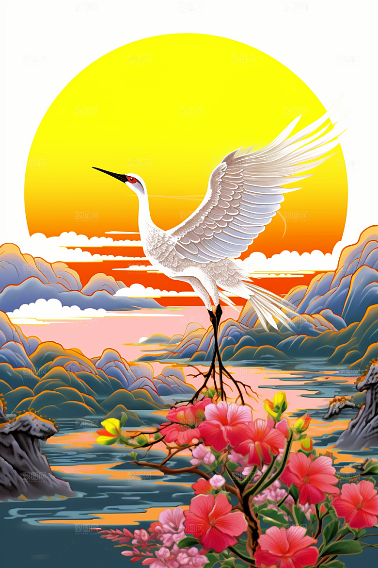 浮世绘丹顶鹤吉祥图案传统纹样插画