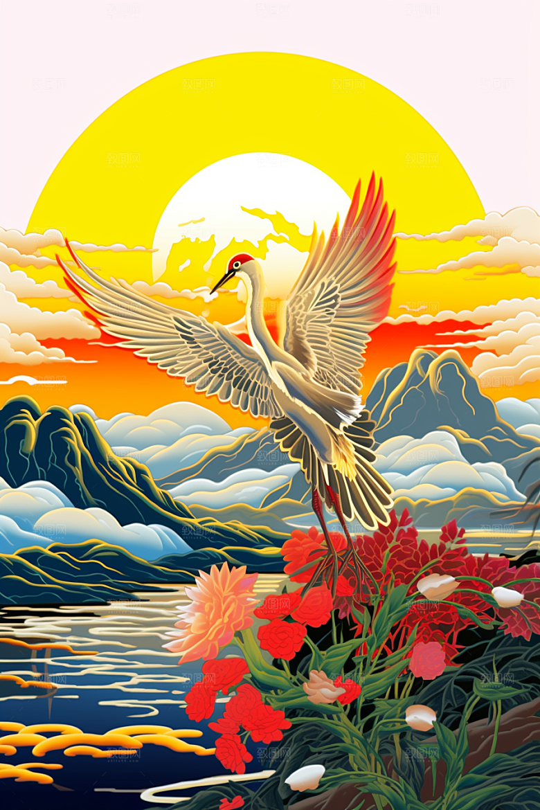 浮世绘丹顶鹤高清传统纹样插画