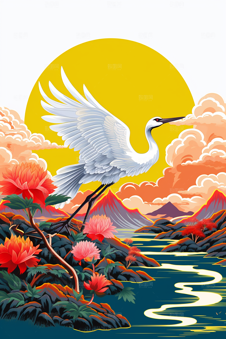 浮世绘丹顶鹤工笔画国画插画