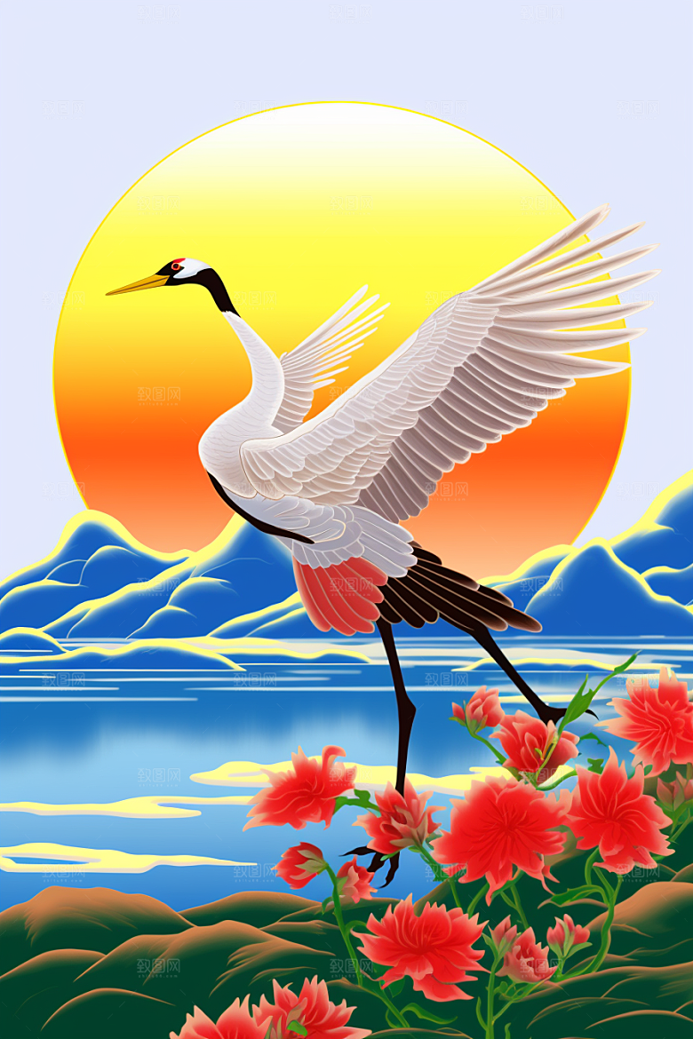 浮世绘丹顶鹤传统纹样工笔画插画
