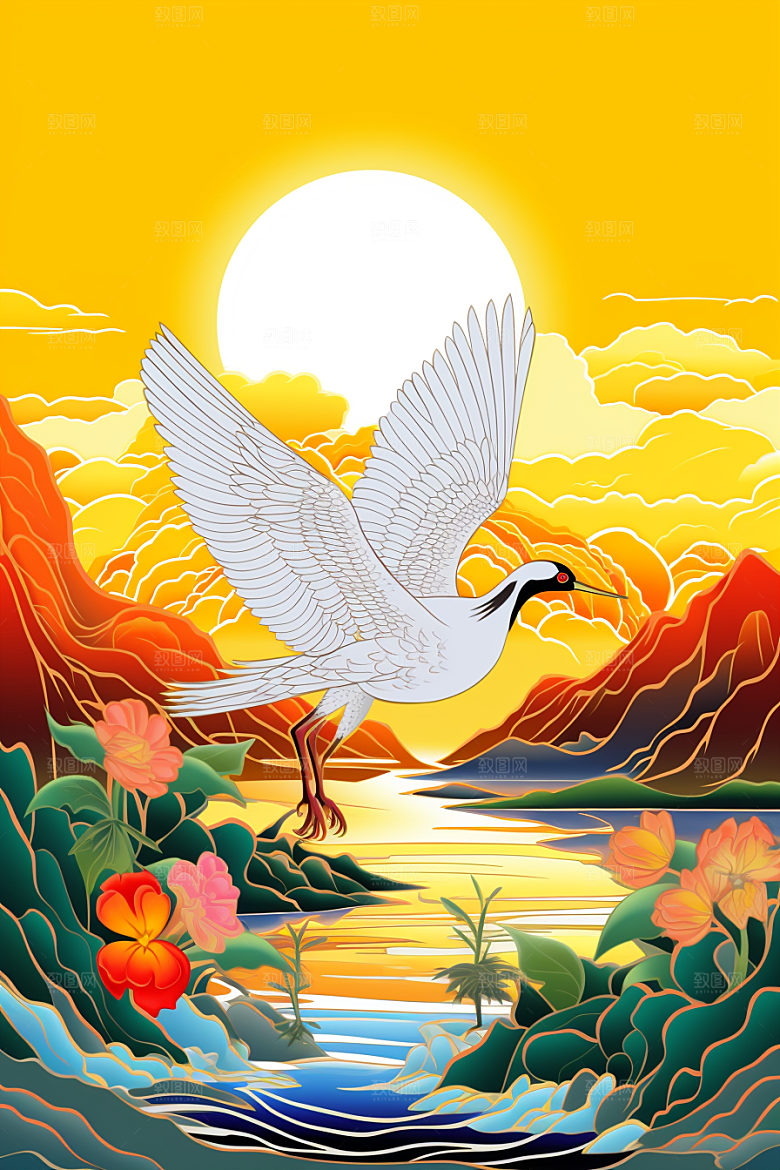 浮世绘丹顶鹤山水中国风插画