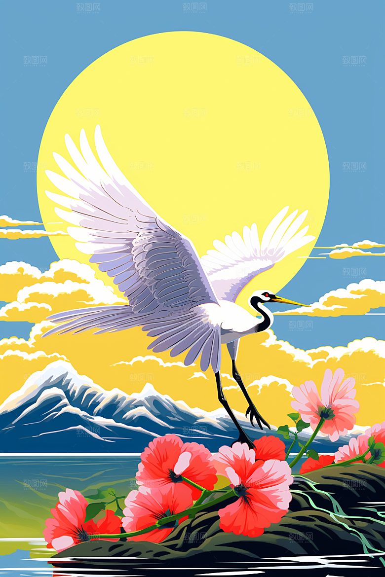 浮世绘丹顶鹤吉祥图案高清插画