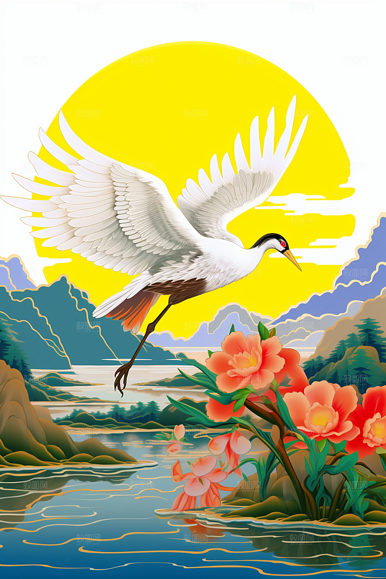 浮世绘丹顶鹤山水传统纹样插画