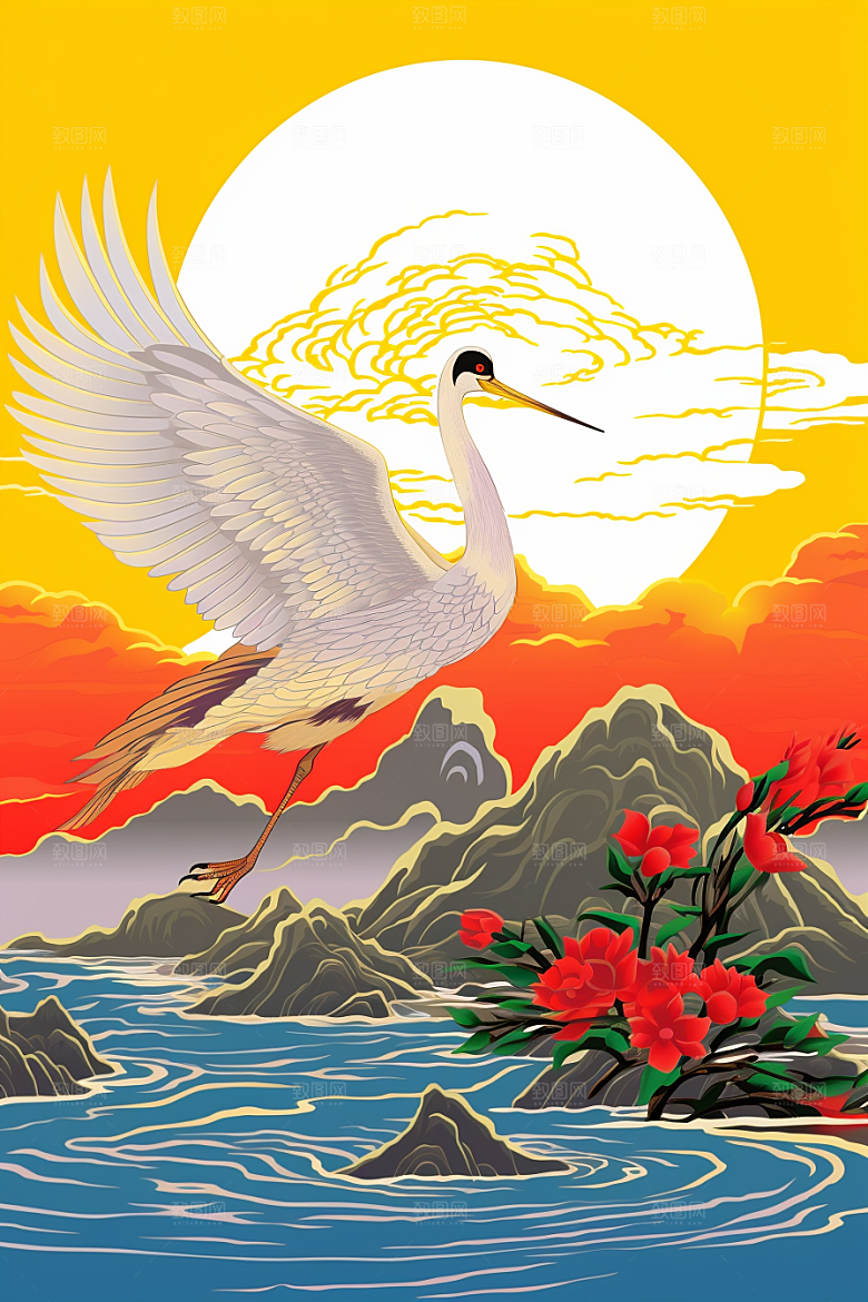 浮世绘丹顶鹤吉祥图案新中式插画