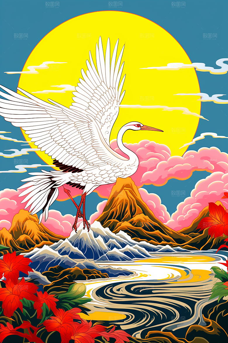 浮世绘丹顶鹤吉祥图案国画插画