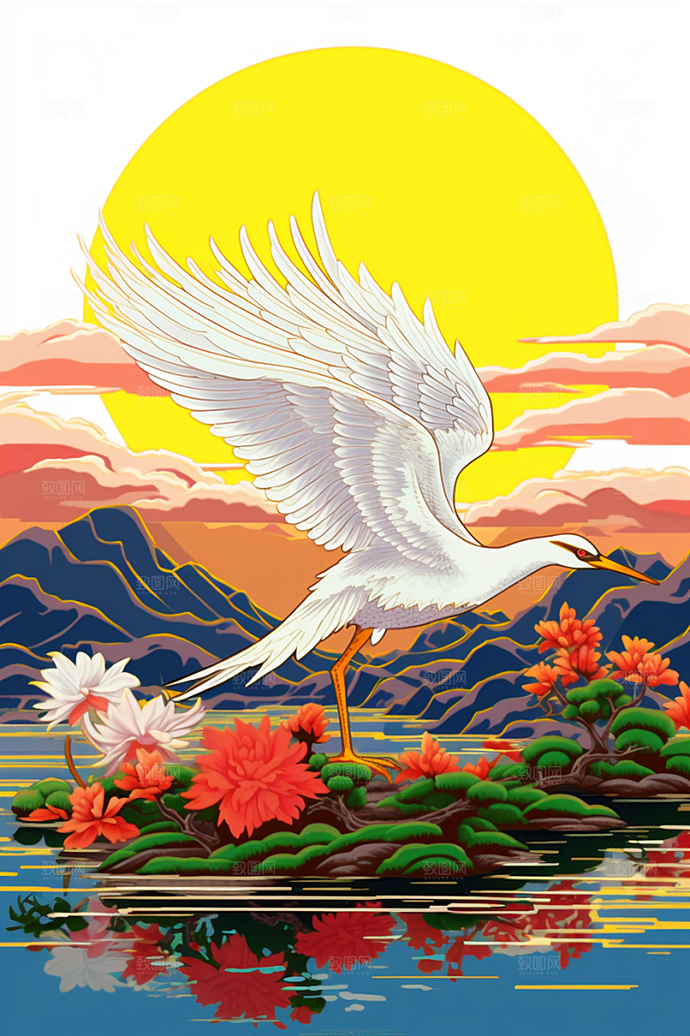 浮世绘丹顶鹤山水工笔画插画