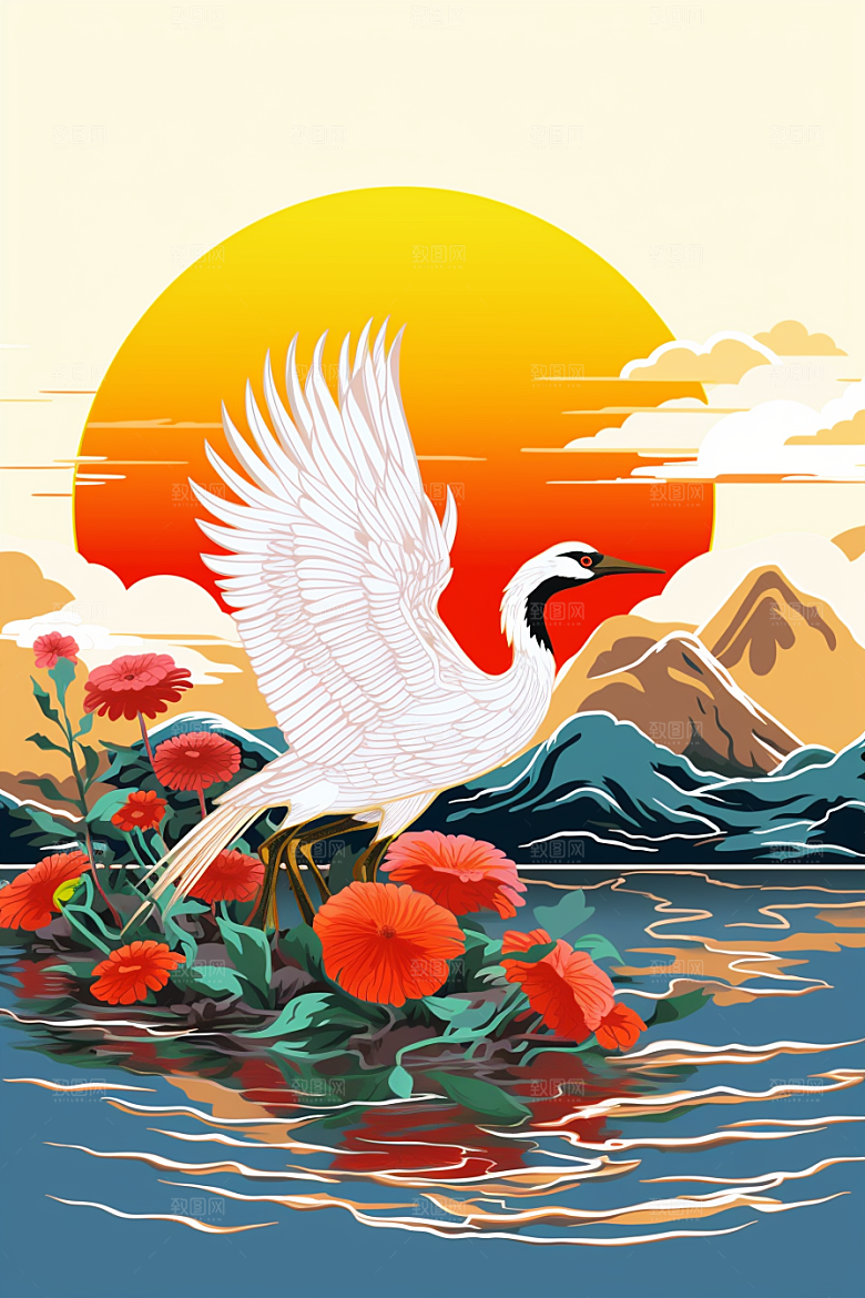 浮世绘丹顶鹤山水国画插画