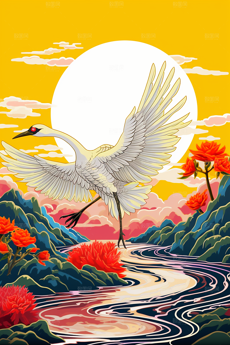 浮世绘丹顶鹤山水工笔画插画