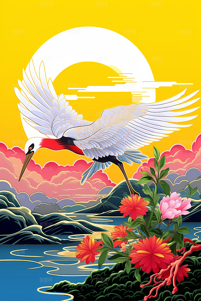 浮世绘丹顶鹤传统纹样吉祥图案插画