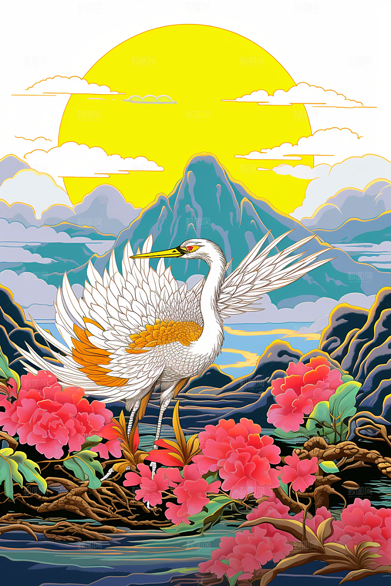 浮世绘丹顶鹤中国风新中式插画