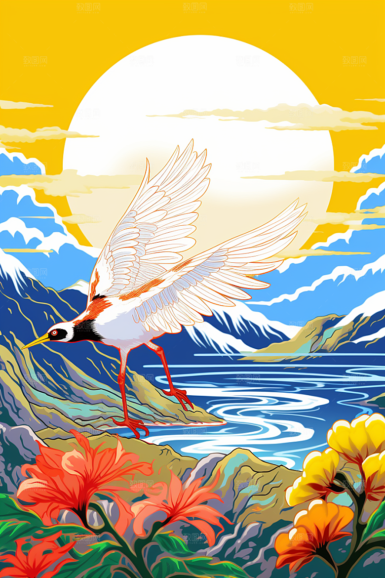 浮世绘丹顶鹤高清国画插画