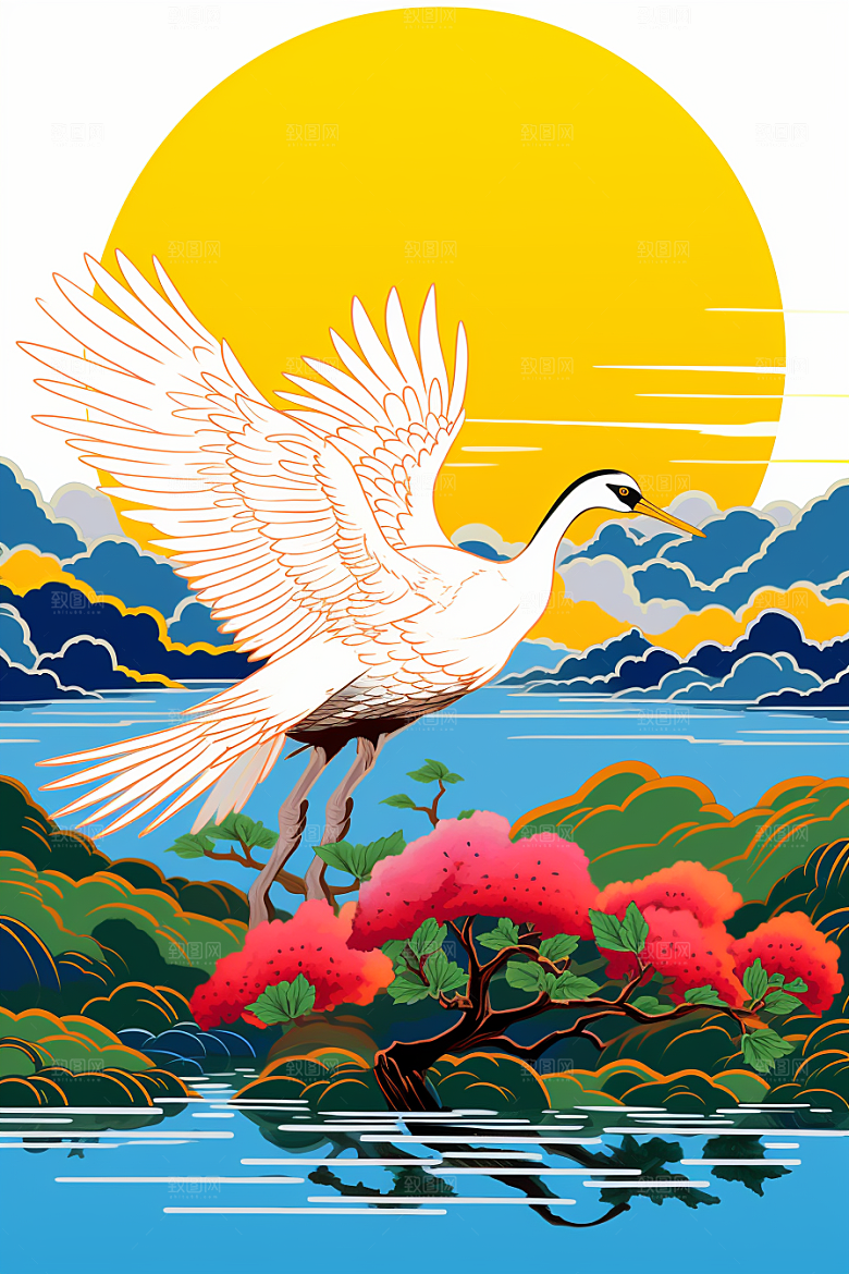 浮世绘丹顶鹤山水中国风插画