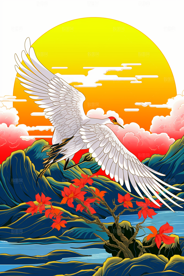 浮世绘丹顶鹤工笔画中国风插画