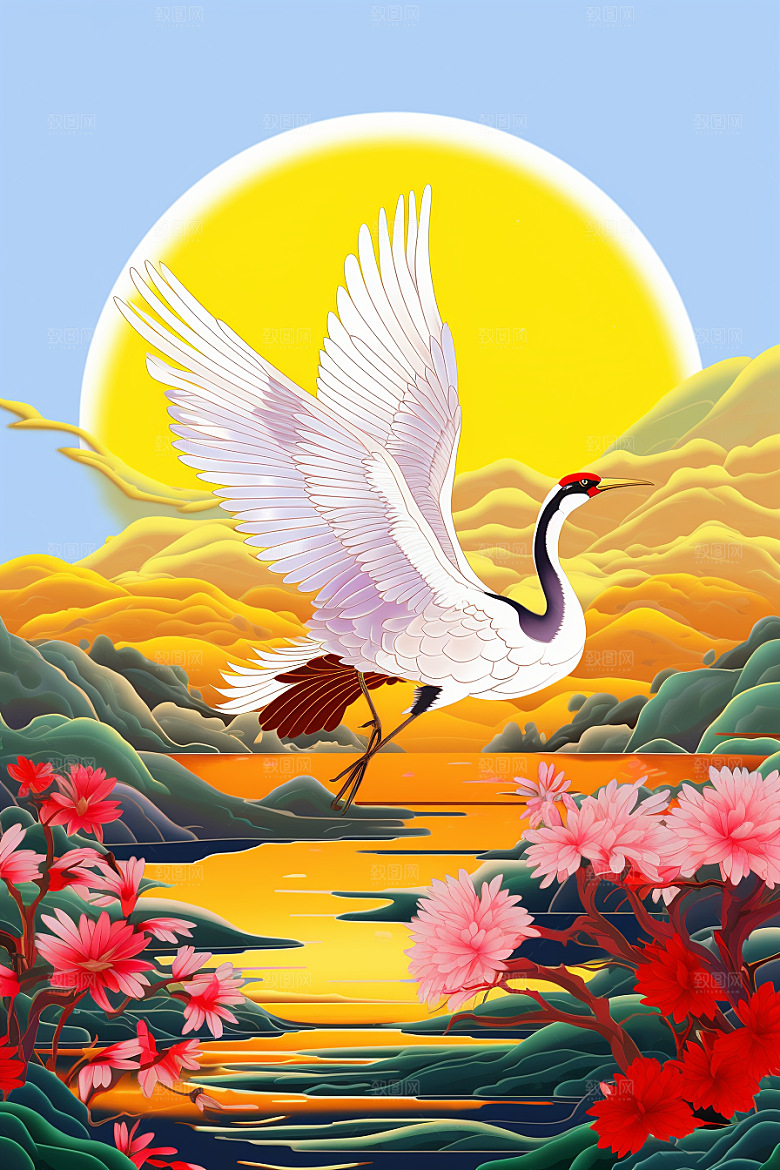 浮世绘丹顶鹤山水工笔画插画