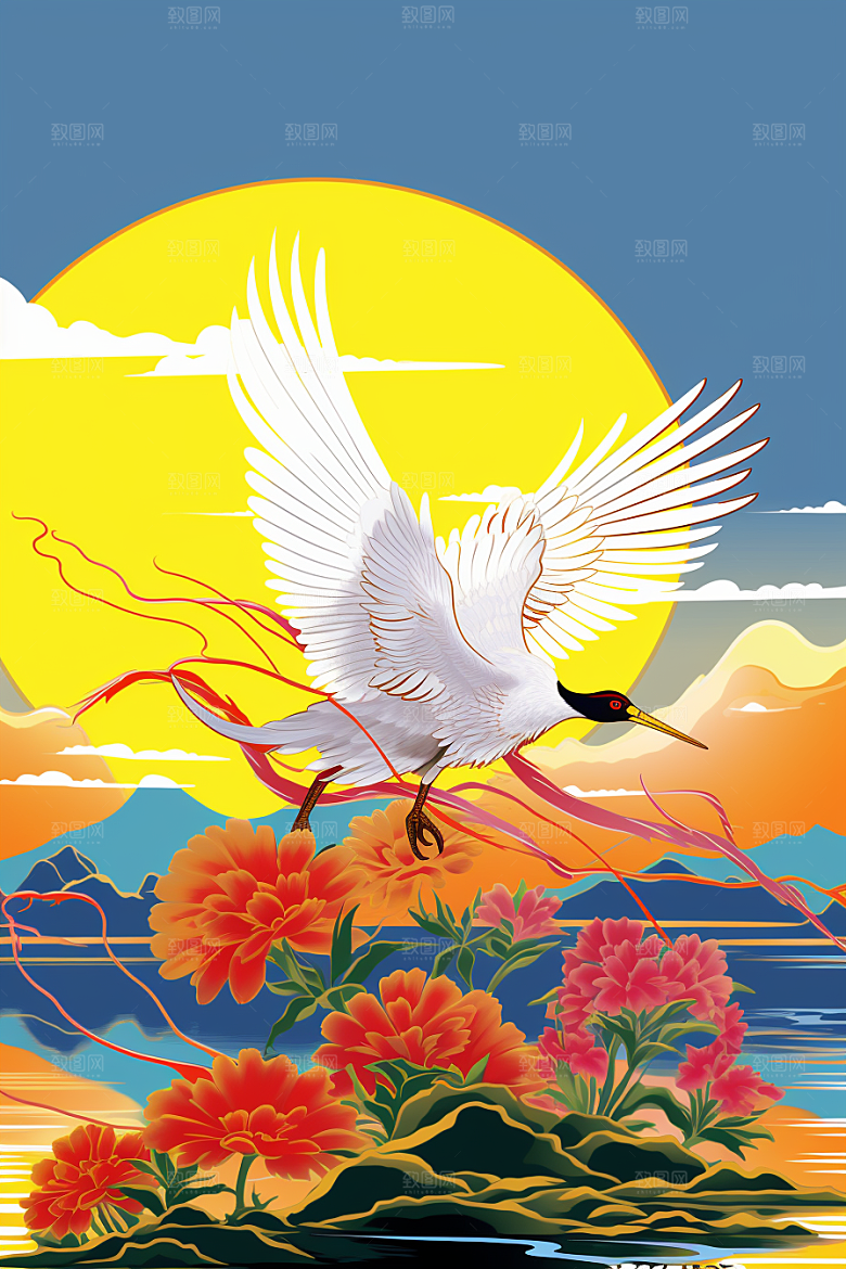浮世绘丹顶鹤山水国画插画