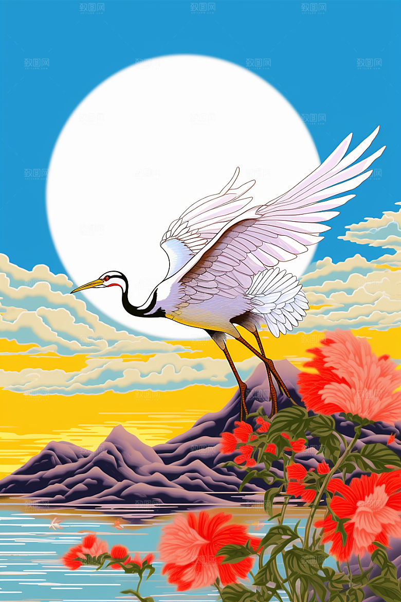 浮世绘丹顶鹤传统纹样山水插画