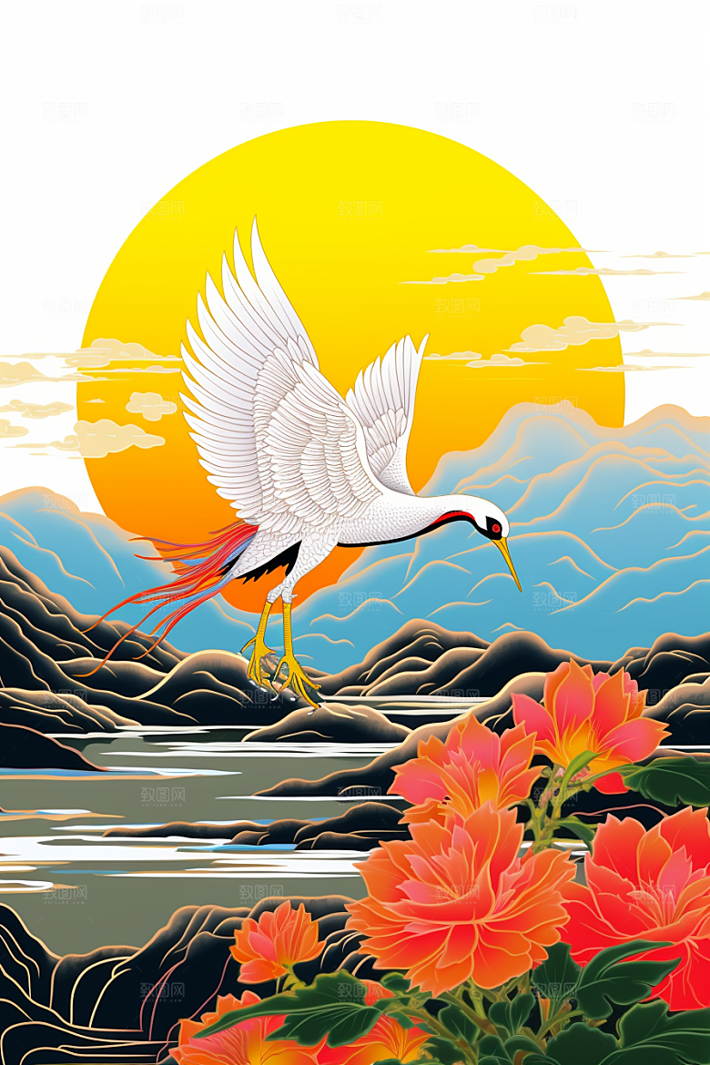 浮世绘丹顶鹤国画新中式插画