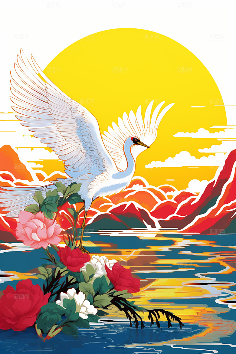 浮世绘丹顶鹤吉祥图案工笔画插画