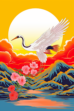 浮世绘丹顶鹤传统纹样新中式插画