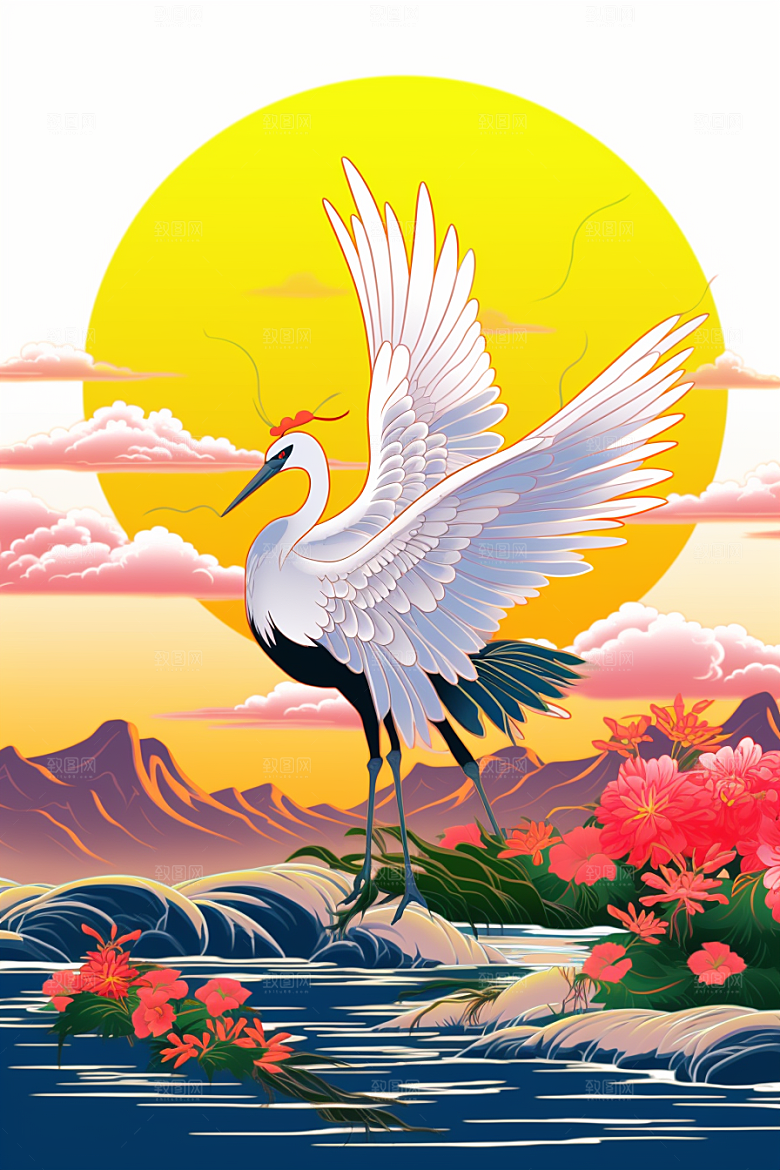 浮世绘丹顶鹤工笔画高清插画