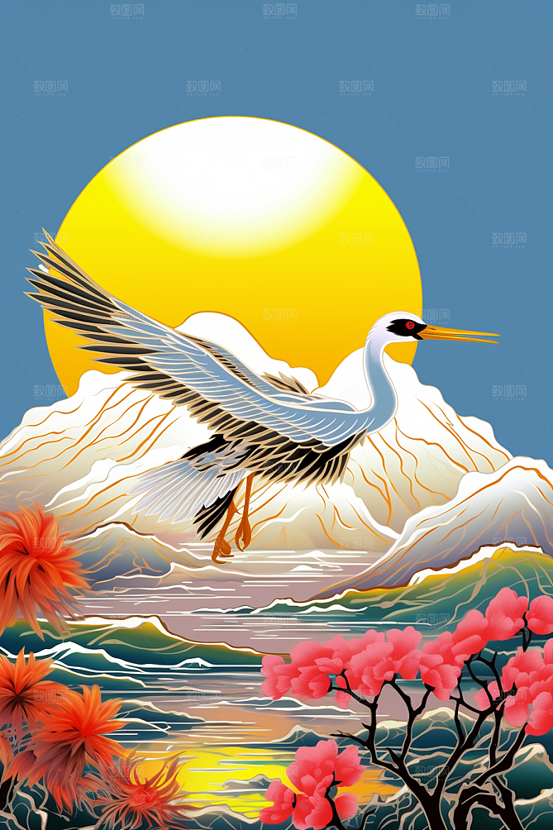 浮世绘丹顶鹤国画高清插画