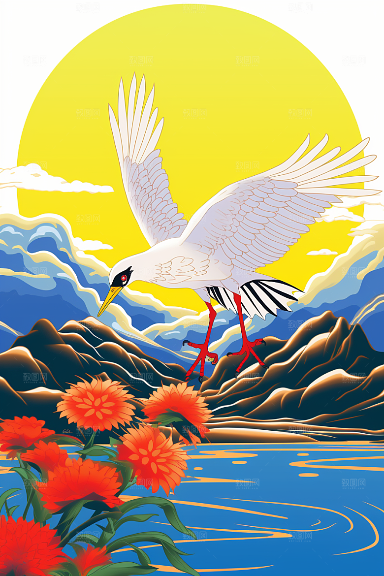 浮世绘丹顶鹤高清新中式插画