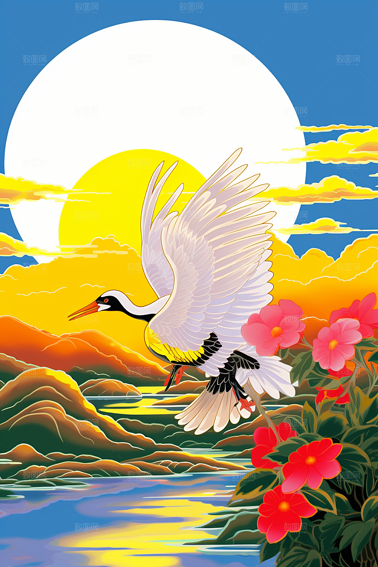 浮世绘丹顶鹤中国风高清插画